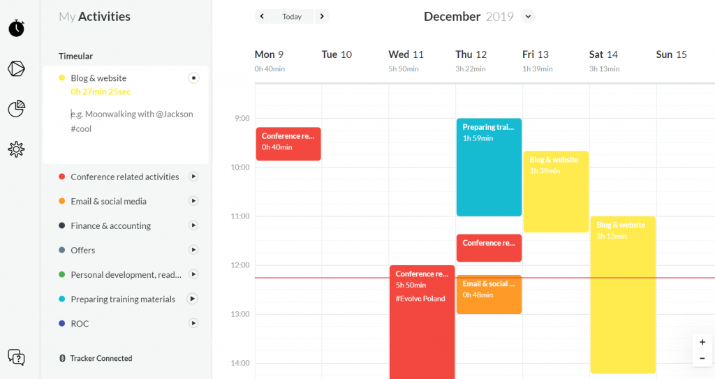 View from Timeular: tracking time spent on different tasks, to understand and increase productivity